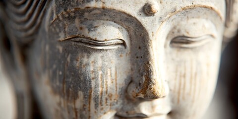 A close up of a serene buddha statue face with eyes closed in peaceful meditation