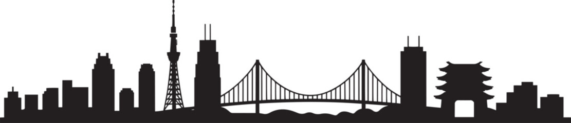 Urban City Skyline Silhouette Vector with Skyscrapers Tower Bridge and Pagoda Landmark Illustration