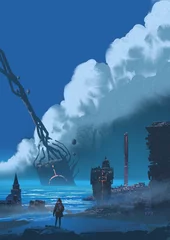 Gordijnen A lone explorer watches a massive, alien monolith emerge from the ocean amid ruins and glowing symbols under a clear sky, digital art style, illustration painting © grandfailure