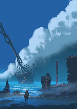 Fototapeta A lone explorer watches a massive, alien monolith emerge from the ocean amid ruins and glowing symbols under a clear sky, digital art style, illustration painting