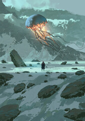 A solitary figure stands in a snowy, rocky tundra, gazing at a glowing, jellyfish-like alien object suspended in the sky, digital art style, illustration painting