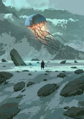 Gordijnen A solitary figure stands in a snowy, rocky tundra, gazing at a glowing, jellyfish-like alien object suspended in the sky, digital art style, illustration painting © grandfailure