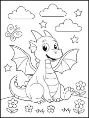 Illustration of a cute baby dragon cartoon character. Black and white Printable dragon coloring page for kids.	
