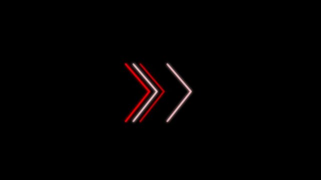 Glowing Neon Red Chevrons on a Black Background. Realistic red glow arrows animation. 