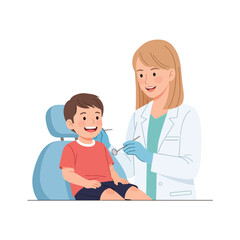 Obraz premium Smiling child patient receiving dental examination from a friendly dentist.