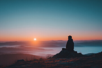 Contemplating person serene sunrise over misty mountain vista