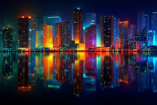 Neon vibrant city skyline at night with water reflection