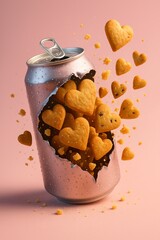 Creative Metallic Soda Can Torn Open with Heart Shaped Cookies Flying Out, Conceptual Food Art on Pastel Background