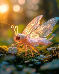 Fantasy Insect with Crystal Wings and Tiny Bag in Enchanted Forest at Sunset Light Macro Illustration