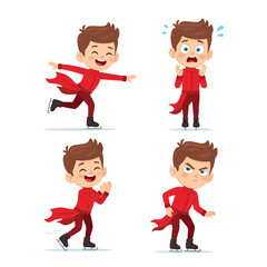 A young figure skater's various expressions and poses during a performance, showcasing happiness, anxiety, nervousness, and determination.