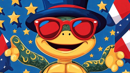 Cartoon Turtle in Sunglasses and Top Hat with Stars and Flags Festive Celebration Illustration