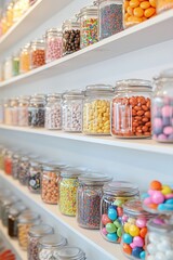 Colorful Glass Jars Filled with Assorted Candies and Sweets on White Shelves in Candy Shop Interior