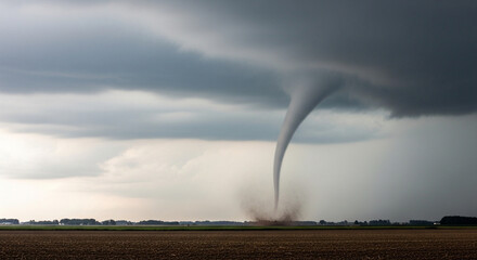Realistic Tornado Touching Down in Open Farmland Under Overcast Sky – Natural Weather Phenomenon,...