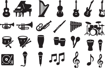 Obraz premium Silhouette Collection of Musical Instruments and Music Notes