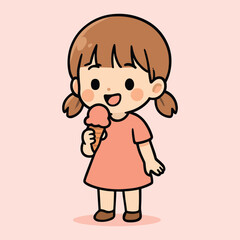 Cute Girl Eating Ice Cream Vector | Summer Dessert Illustration in Cartoon Style