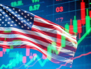 US Stock Market Candlestick Chart with American Flag Background Overlay
