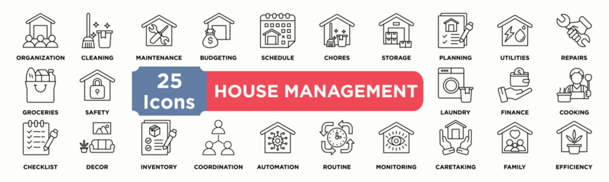 HOUSE MANAGEMENT icon collection set. Containing organization,cleaning,maintenance,budgeting,schedule,chores,storage,planning,utilities,repairs icon. Simple line vector.	
