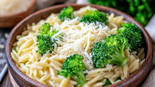 Zoom-In of Creamy Orzo with Parmesan and Broccoli in Tupperware