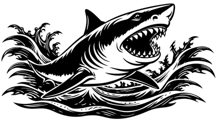 Great white shark breaching aggressive in ocean waves with splashes  