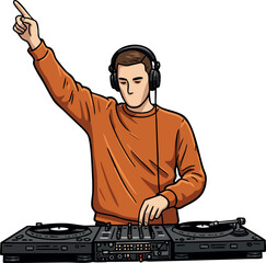 DJ mixing music on turntables with headphones wearing orange sweater vector illustration