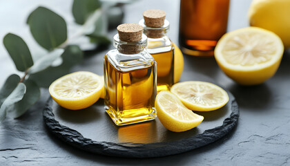 Open perfume bottles with aromatic essential oils, leaves and lemons on dark textured table, closeup