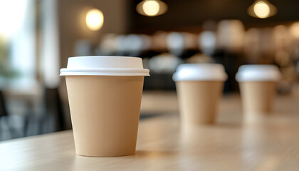 Paper cup on light wooden table in cafe, closeup. Mockup for design