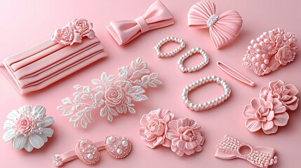 Collection of Pink Hair Accessories and Decorative Embellishments on Pastel Background