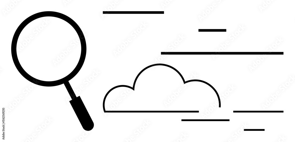 Poster magnifying glass examining cloud with dynamic lines implying speed and exploration. ideal for techno