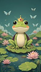A cartoon frog prince sits on a lilypad in a lotus pond