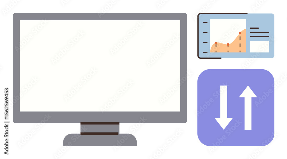 Poster computer monitor with blank screen next to a graph chart panel and a data transfer icon. ideal for t