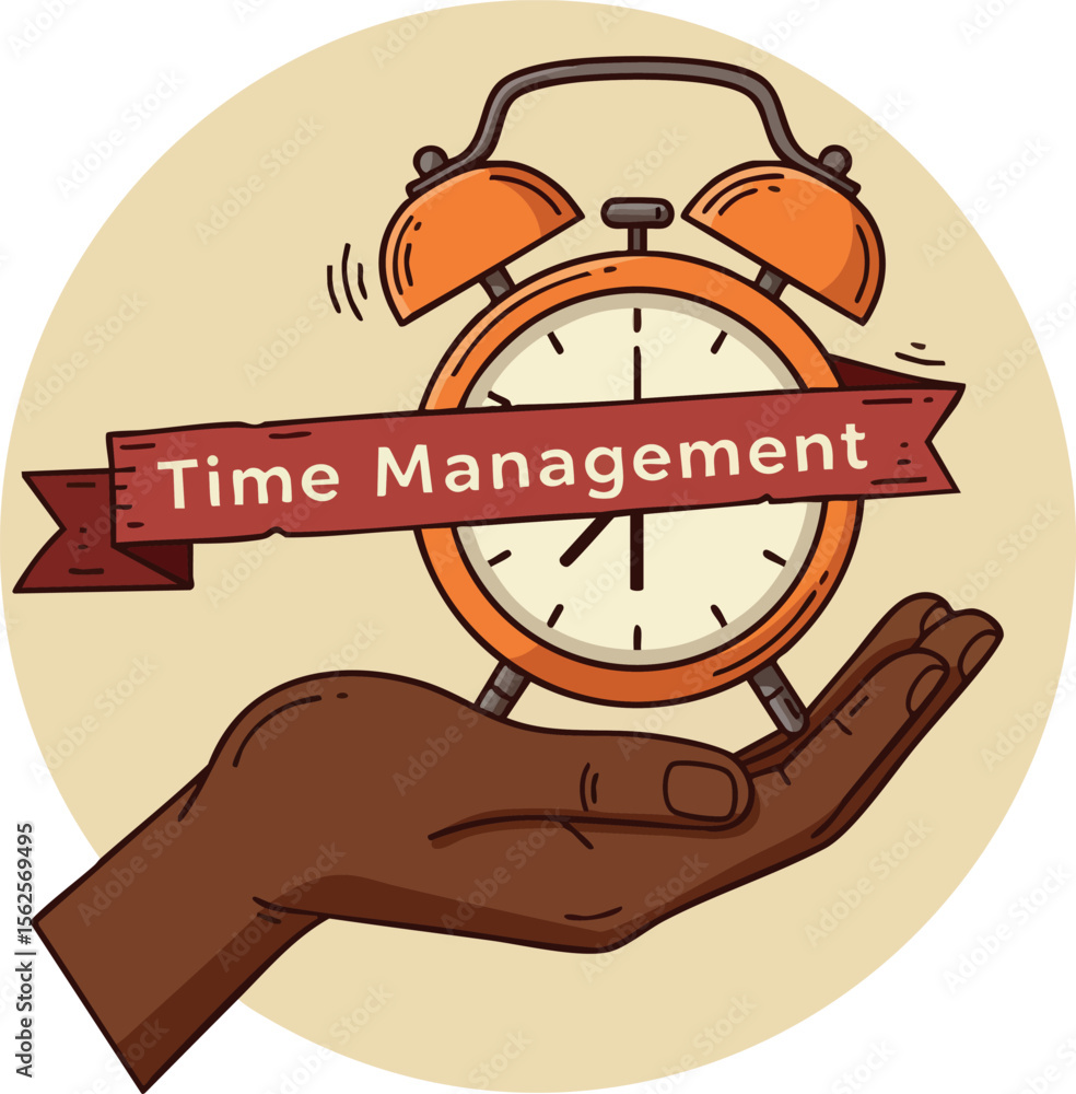 Poster time management concept with alarm clock held in hand for productivity and efficiency improvement