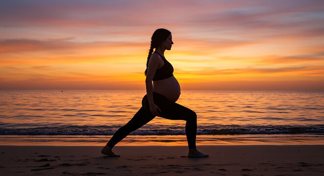 A serene pregnant woman practices yoga on the beach at sunset. - Powered by Adobe