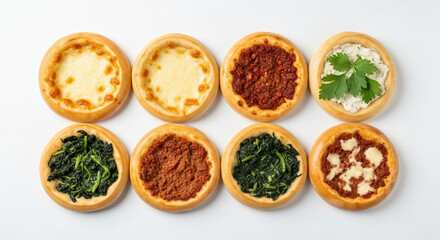 Traditional Middle Eastern Esfihas with Classic Toppings – Cheese, Ground Beef, and Spinach Flatbreads Isolated on White Background