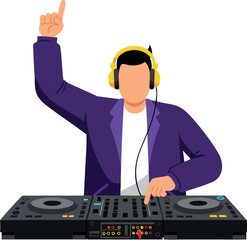 DJ playing music with headphones and mixer deck enjoying party atmosphere in modern vector design