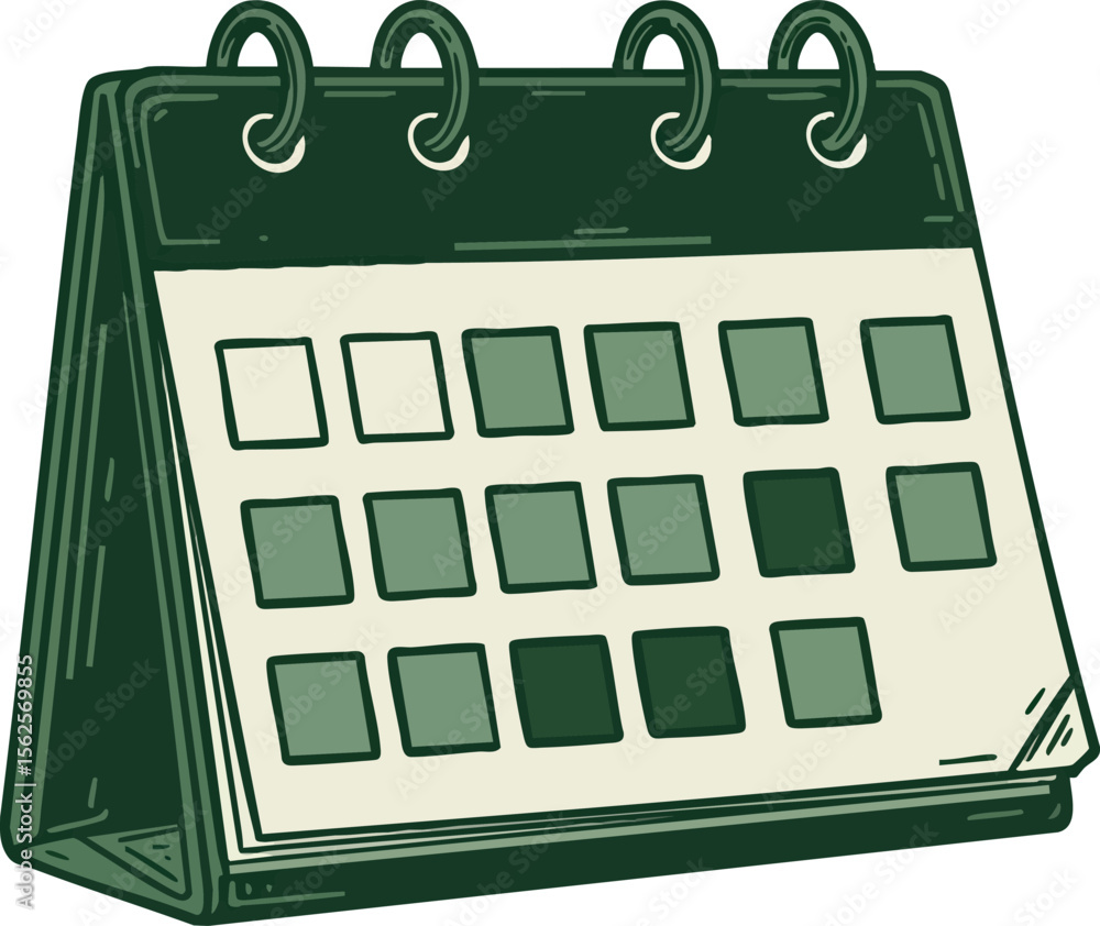 Poster desk calendar with green tones and ring binding for organized planning and scheduling vector illustr