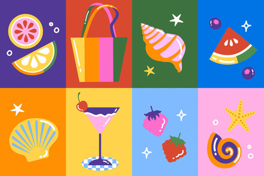Colorful cartoon illustration of various seashells and a starfish