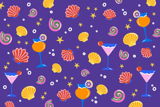 A whimsical pattern showcasing colorful seashells, starfish and drink