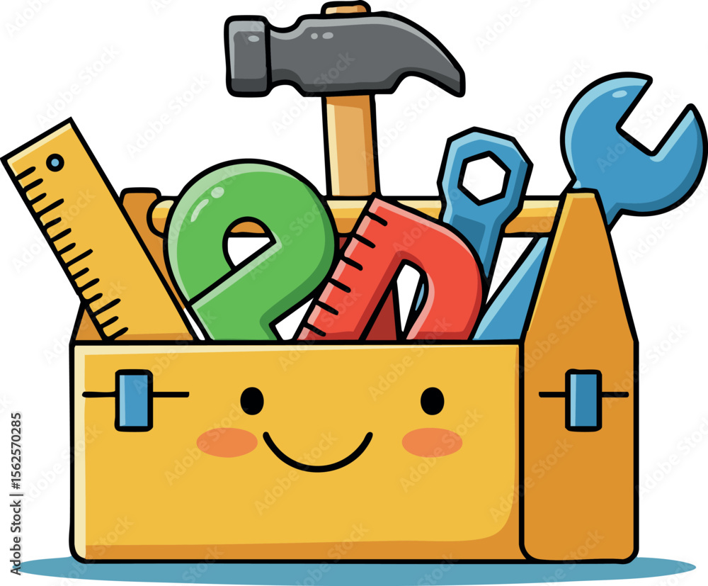 Poster toolbox with cute happy face filled with hammer wrench ruler and protractor vector illustration desi