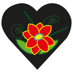 Red flower centerpiece. Black heart background. Bright leaf accents. Colorful dotted spirals.