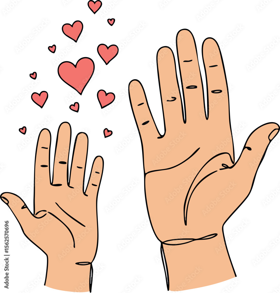 Poster hands with floating red hearts expressing love and connection between adult and child in simple vect