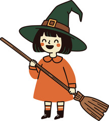 Cute little witch girl holding broomstick in green hat and orange dress vector illustration for Halloween theme and kids design