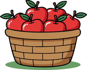 Basket full of fresh red apples with green leaves simple hand drawn vector fruit illustration