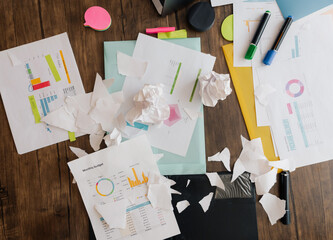 High view of messy desk.