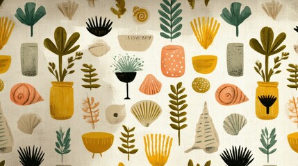 Colorful botanical pattern featuring various plants, shells, and abstract shapes on fabric background