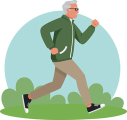 Older man jogging outdoors in casual sportswear with glasses and white hair healthy exercise concept vector illustration