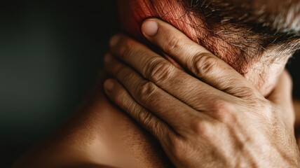 Fototapeta premium Pain with acute discomfort concept. A person holds their neck in discomfort or pain.