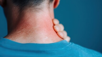 Pain with acute discomfort concept. Person massaging their neck with tense muscles neck pain.