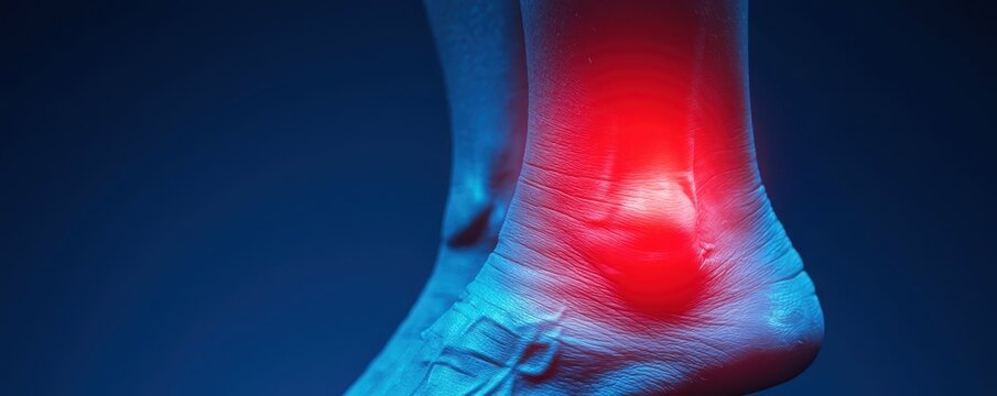 Pain with acute discomfort concept. Anatomy of a foot highlighting pain in the ankle area.
