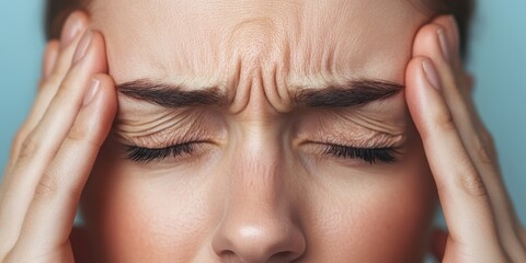 Fototapeta premium Pain with acute discomfort concept. Woman holding head, expressing stress, pain or headache.