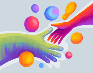 Colorful hands reaching out in connection